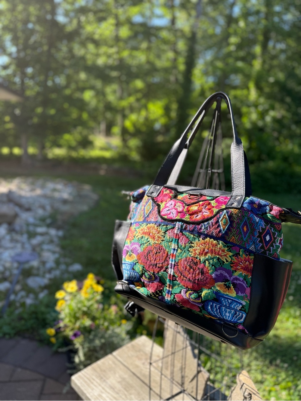 Black Floral Multicolor Embroidered Tote Bag with Black Trim